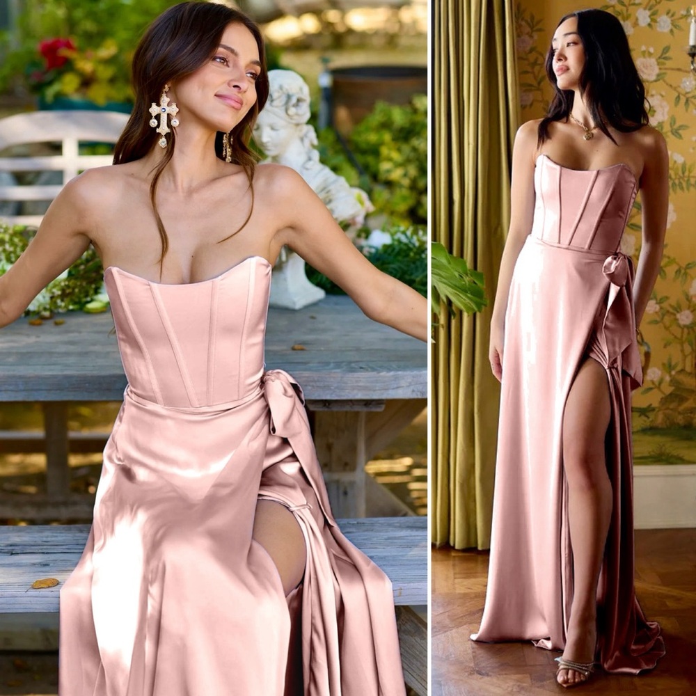 V. Chapman June Dress Rose Pink Strapless Corset Satin Maxi Gown Slit 2 XS